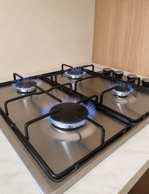 Stainless steel gas hob fitted and lit, flames burning blue