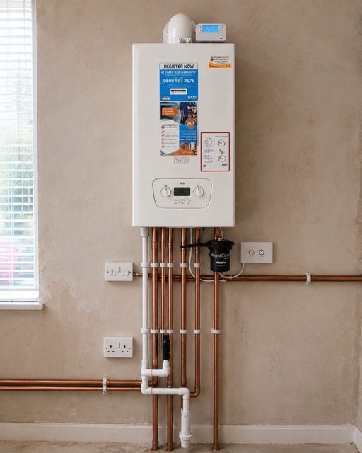 Boiler installation with neat copper pipework and a MagnaClean filter