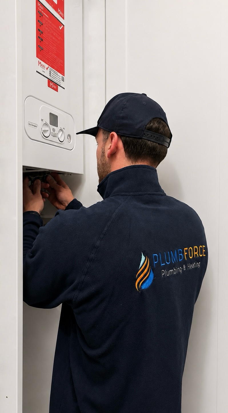 Plumbforce engineer working on a wall-hung gas boiler